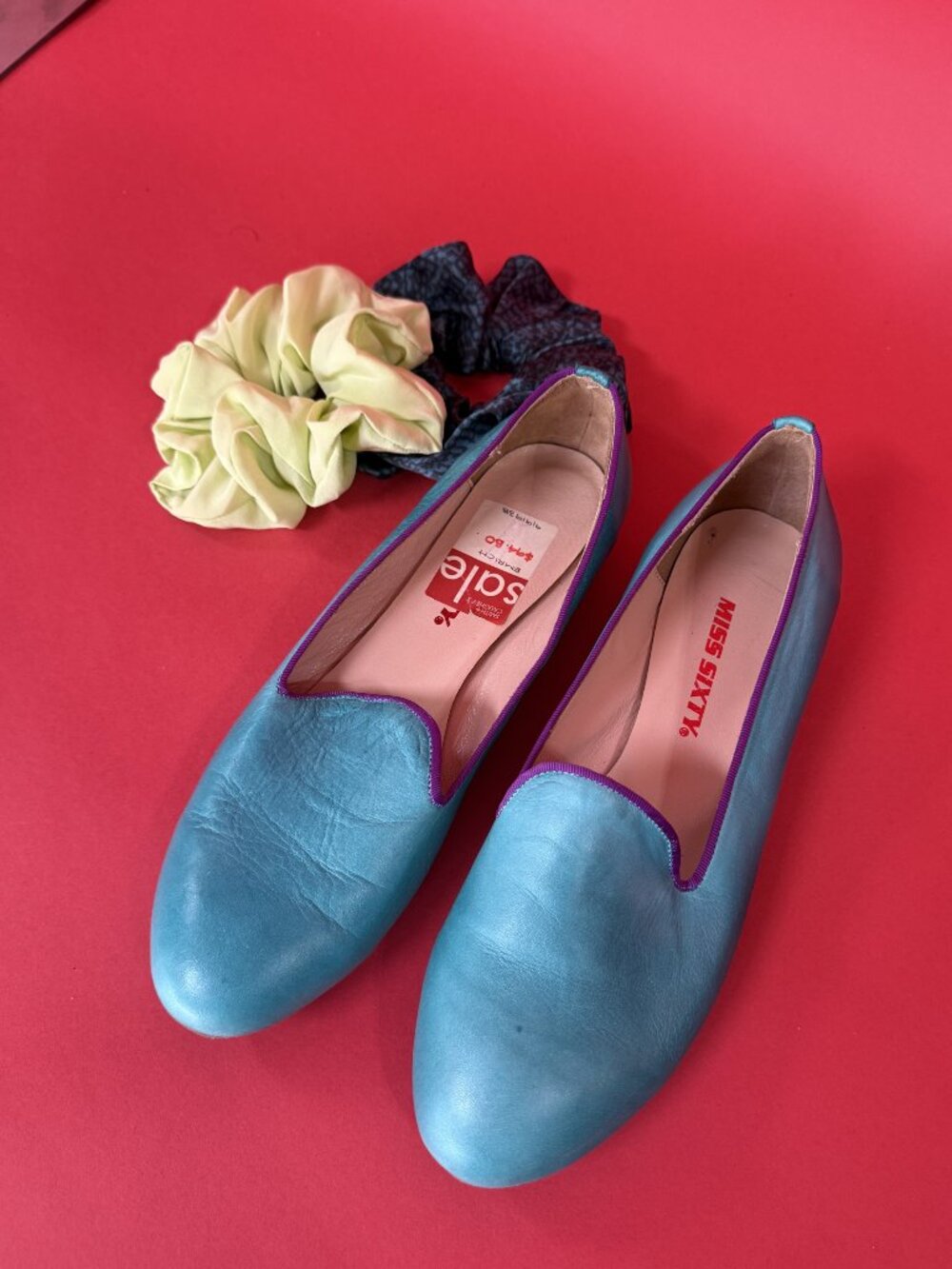Y2K MISS SIXTY Leather Loafers + Upcycled Scrunchie Set | Turquoise Ballet Flats